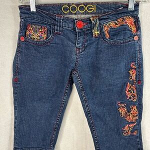 COOGI Dark Blue Cropped Jeans with Red & Orange Embroidery